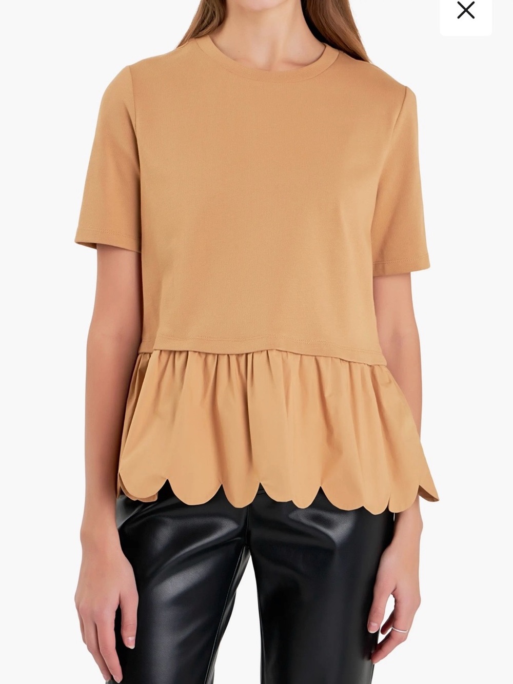 English Factory Mixed Media Scallop Peplum Cotton Top – Tan – Size M